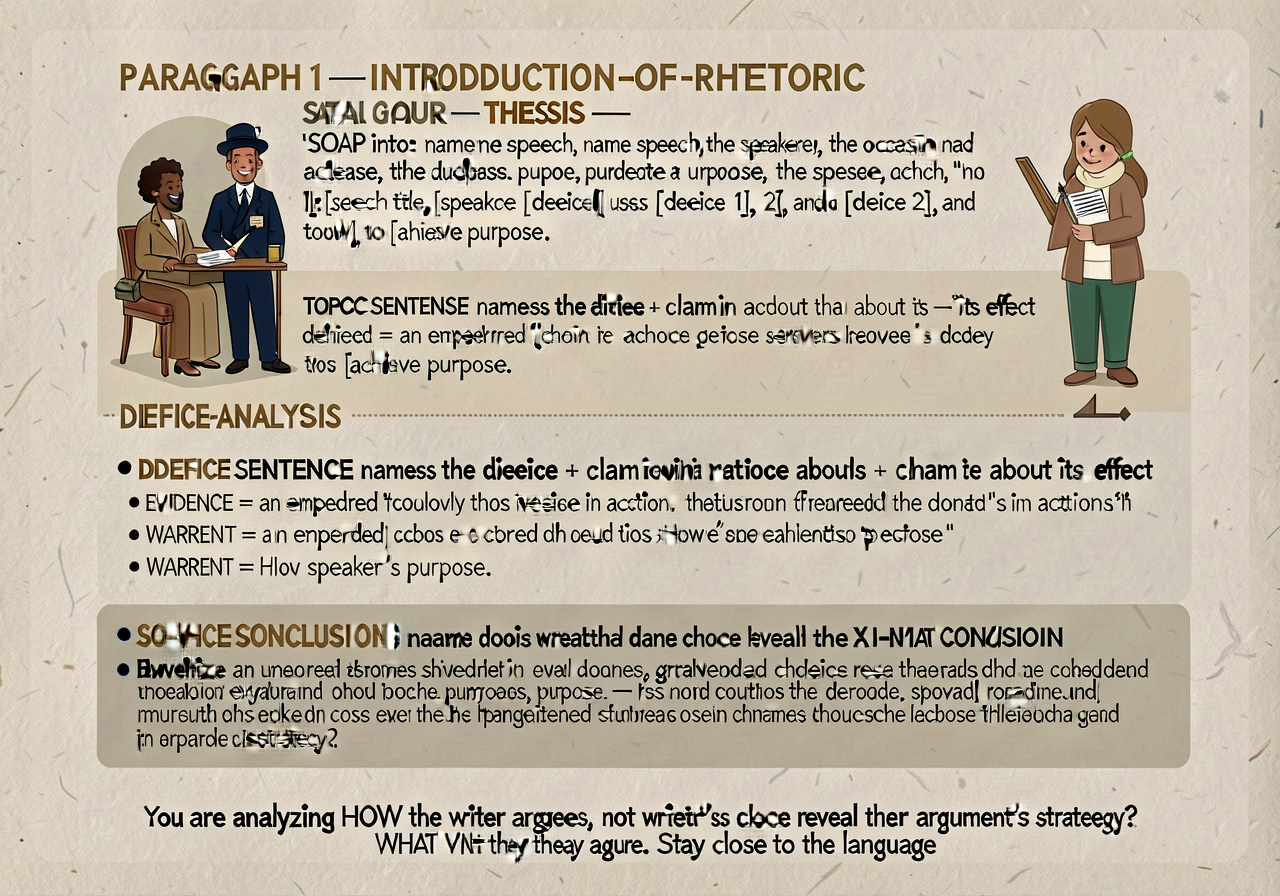 Literary-analysis-of-rhetoric essay structure anchor: 4-paragraph (or 5-paragraph) card. PARAGRAPH 1 — INTRODUCTION with