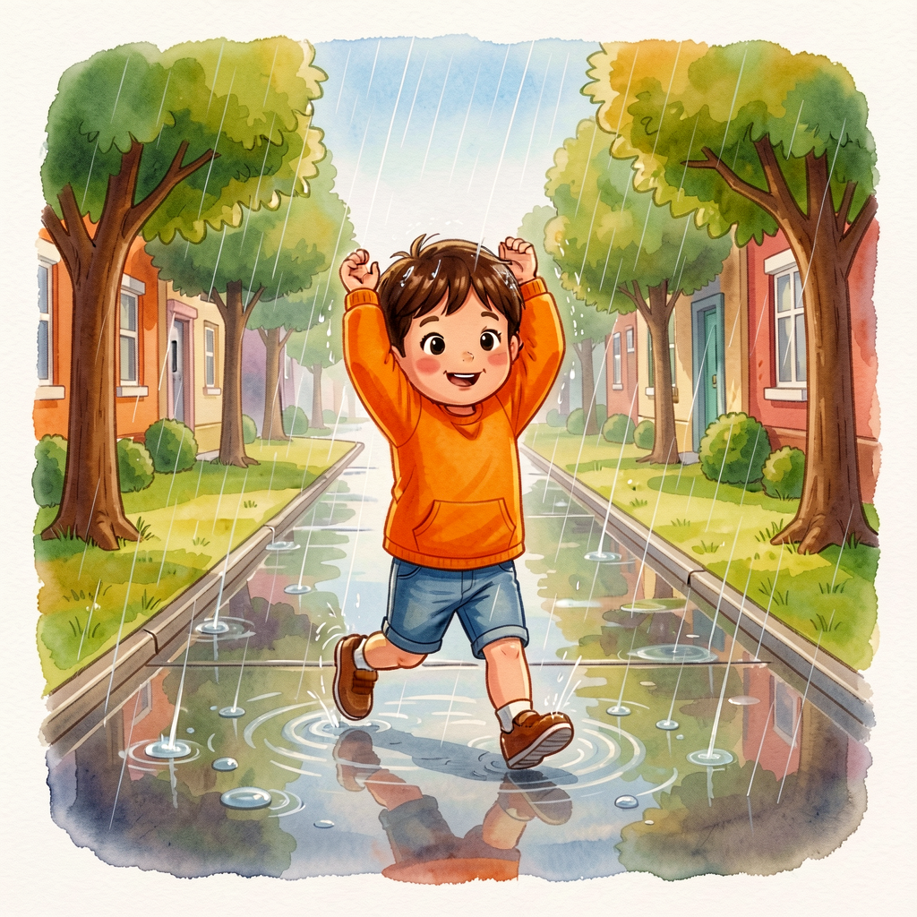 Photo of rain hitting a sidewalk, child running with arms over head, in background. Print-resolution. Provides cause-eff