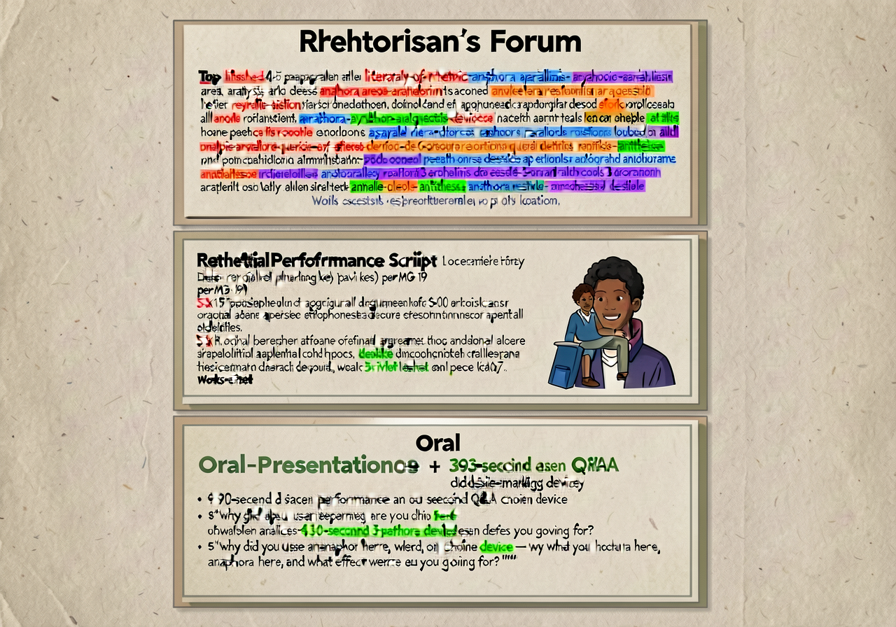 Rhetorician's Forum publication planning poster: 3-section card. TOP: published 4-5 paragraph literary-analysis-of-rheto