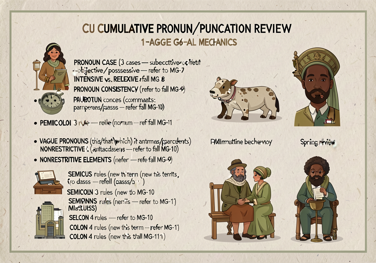 Cumulative pronoun/punctuation review anchor: 1-page review of G6-fall mechanics. PRONOUN CASE (3 cases — subjective/obj