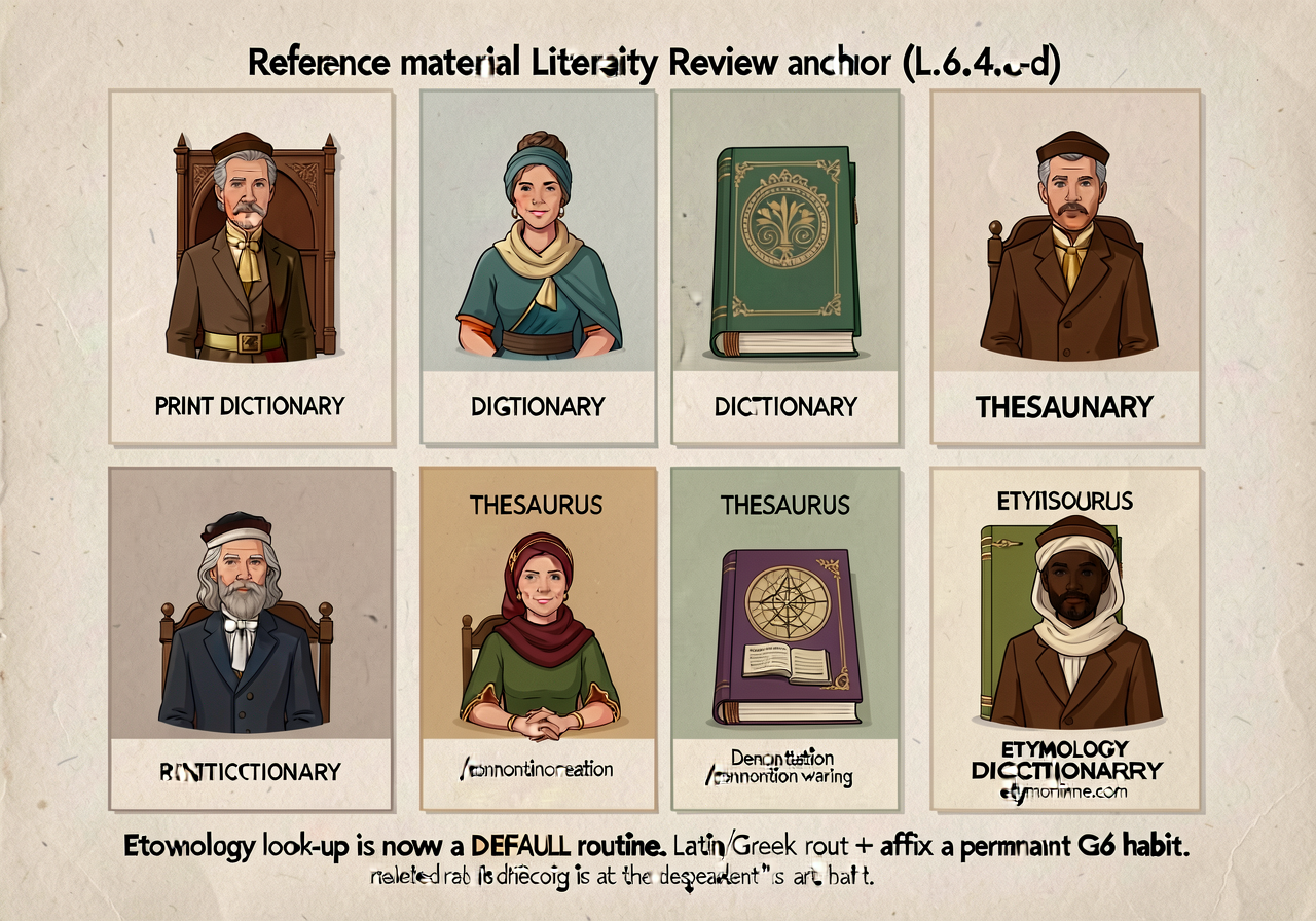 Reference-material literacy review anchor (L.6.4.c-d with etymology emphasis): 4-card grid — PRINT DICTIONARY, DIGITAL D
