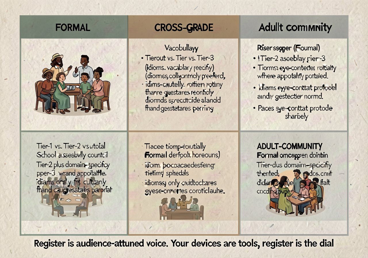 Audience-register matrix for rhetorical performance (SL.6.6): 2x3 grid. ROWS: peer / cross-grade / adult-community. COLS