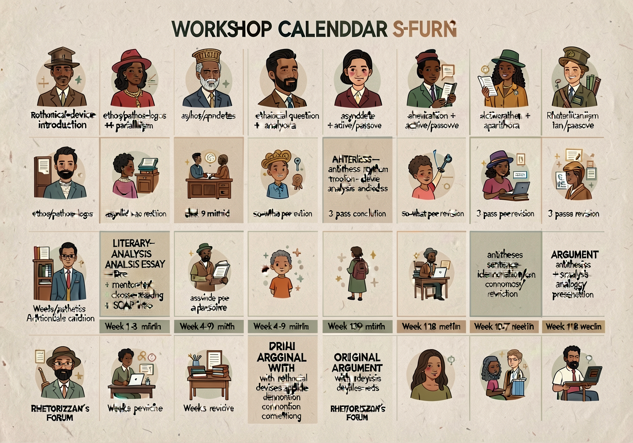 Workshop calendar (18-week spring): visual timeline with weeks 1-18. Weeks 1-3: rhetorical-device introduction (ethos/pa