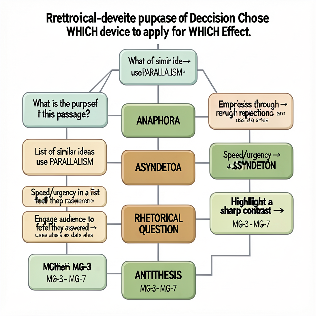 Rhetorical-device decision tree: a flowchart helping students choose WHICH device to apply for WHICH effect. Start: 'Wha