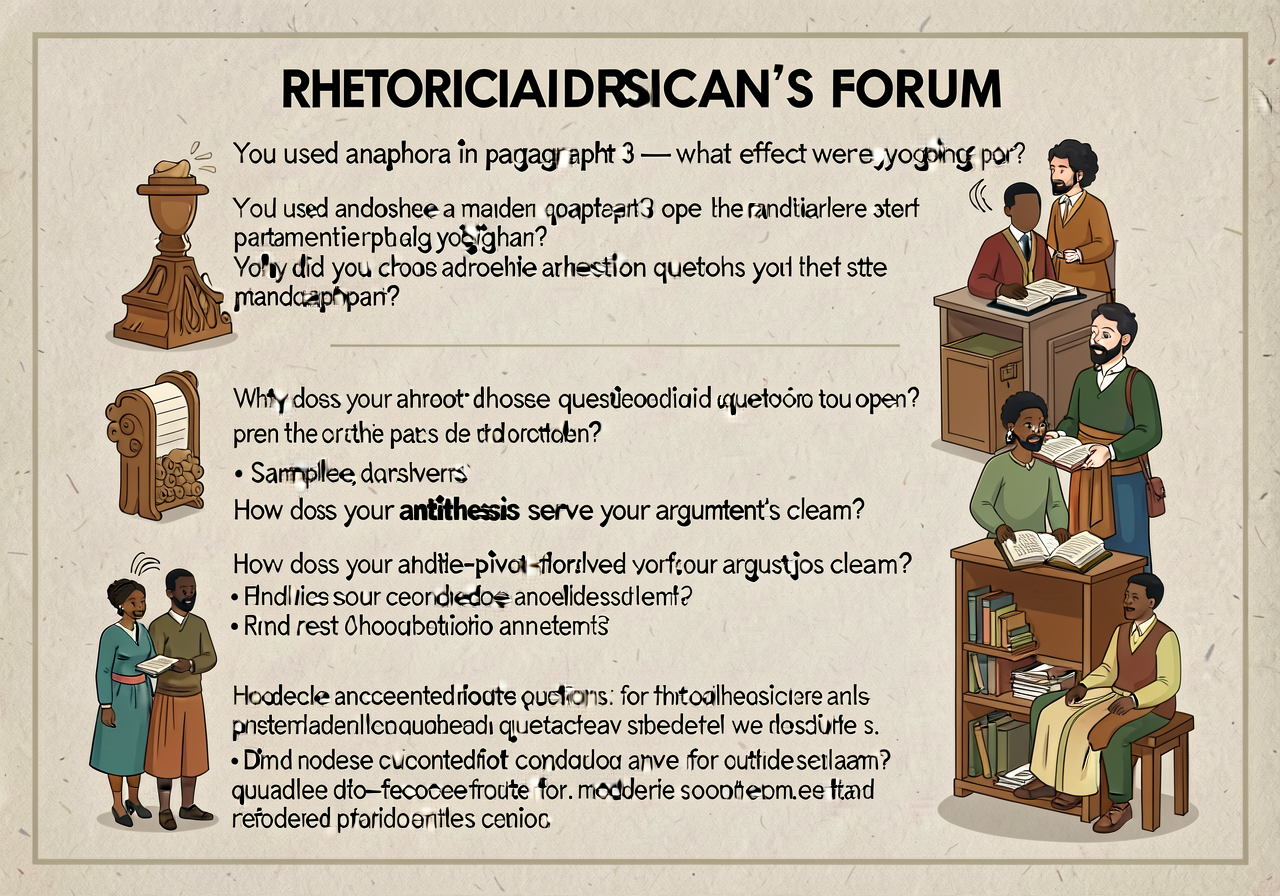 Q&A preparation anchor for Rhetorician's Forum: 3 likely audience questions per device. 'You used anaphora in paragraph 