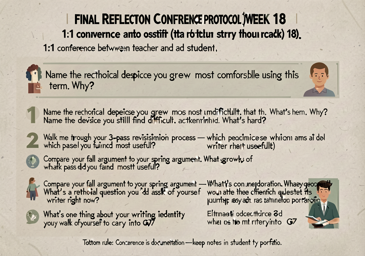 Final reflection conference protocol (week 18): 1:1 conference between teacher and student. 6 questions — (1) Name the r