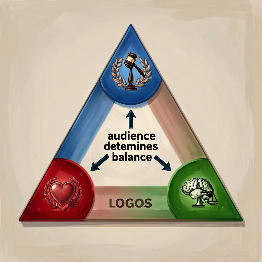Classical triangle diagram with three labeled vertices: ETHOS (blue, with credibility/authority icon — gavel or laurel w
