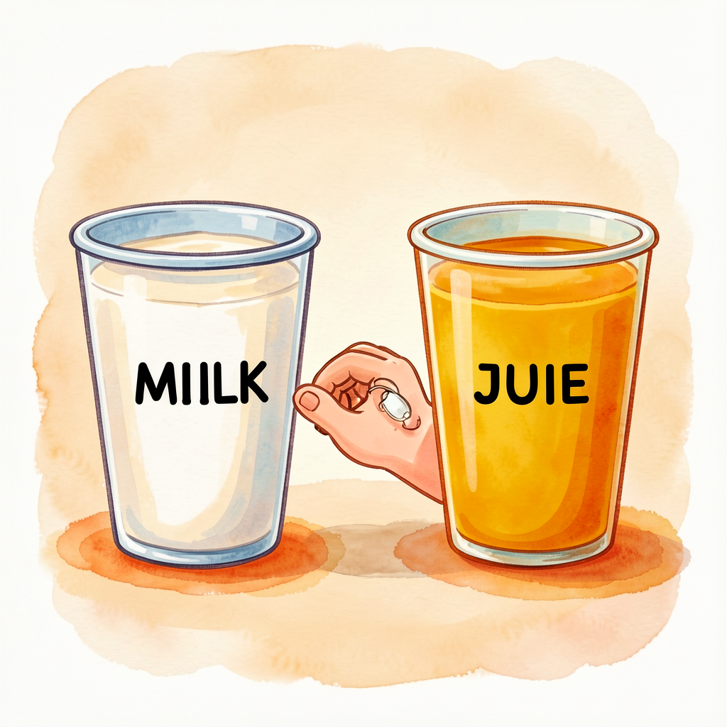 Cartoon of two cups side by side — one labeled MILK, one JUICE — with a child's hand hovering between them. Visual of ch