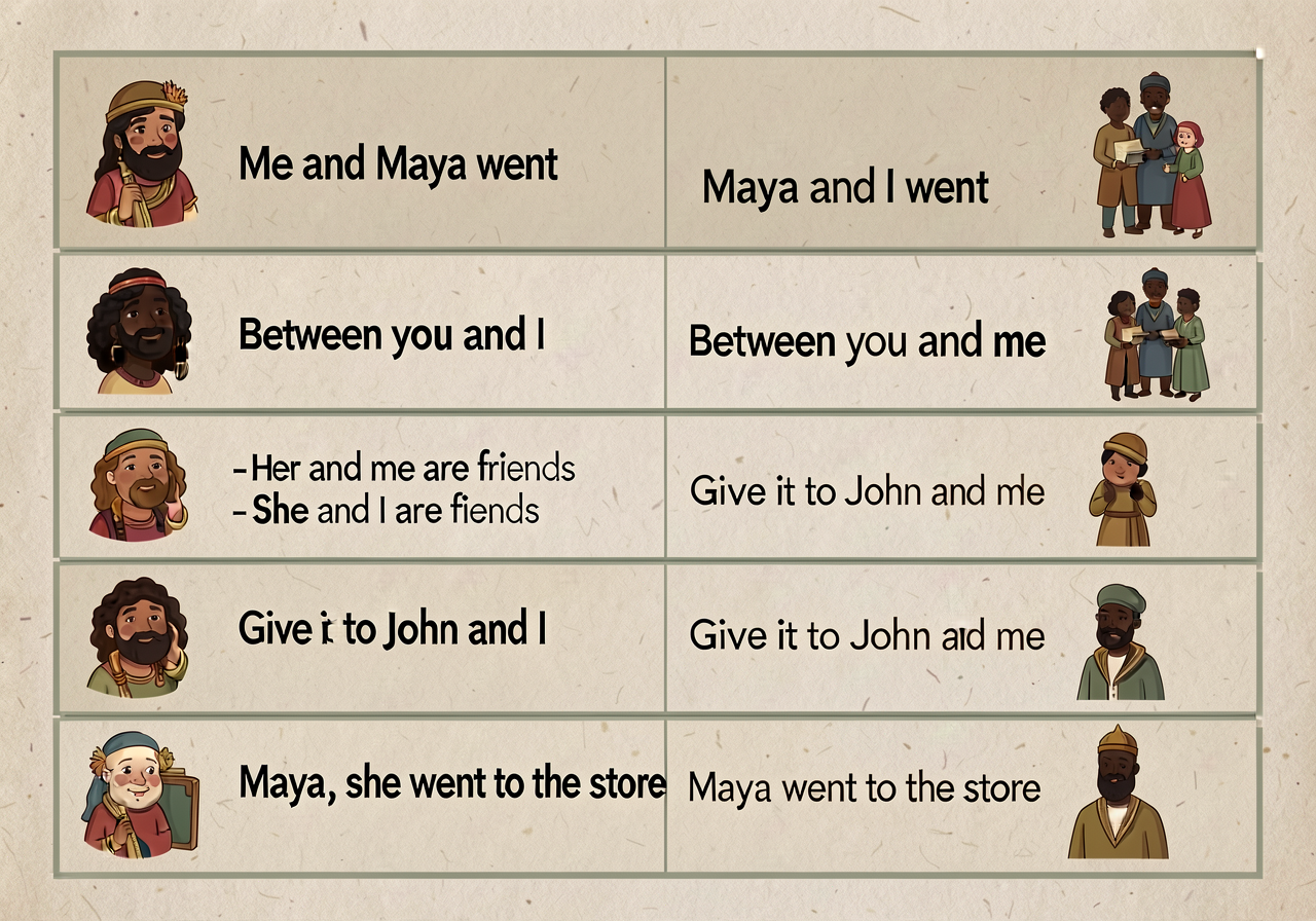 5-row comparison card. Row 1: 'Me and Maya went' → 'Maya and I went' (subject case). Row 2: 'Between you and I' → 'Betwe