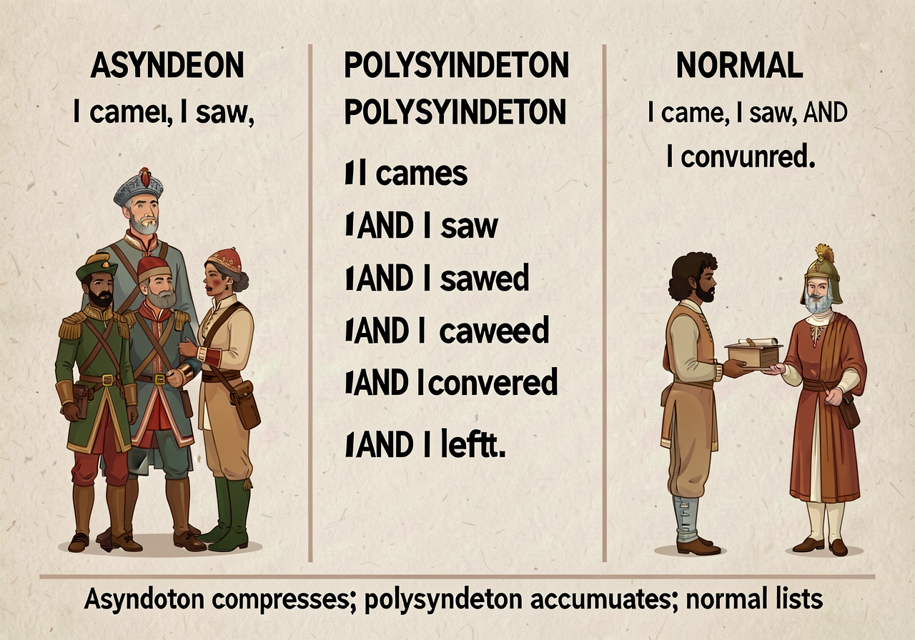 3-column chart. Column 1 ASYNDETON: 'I came, I saw, I conquered.' (compression, speed). Column 2 POLYSYNDETON: 'I came A