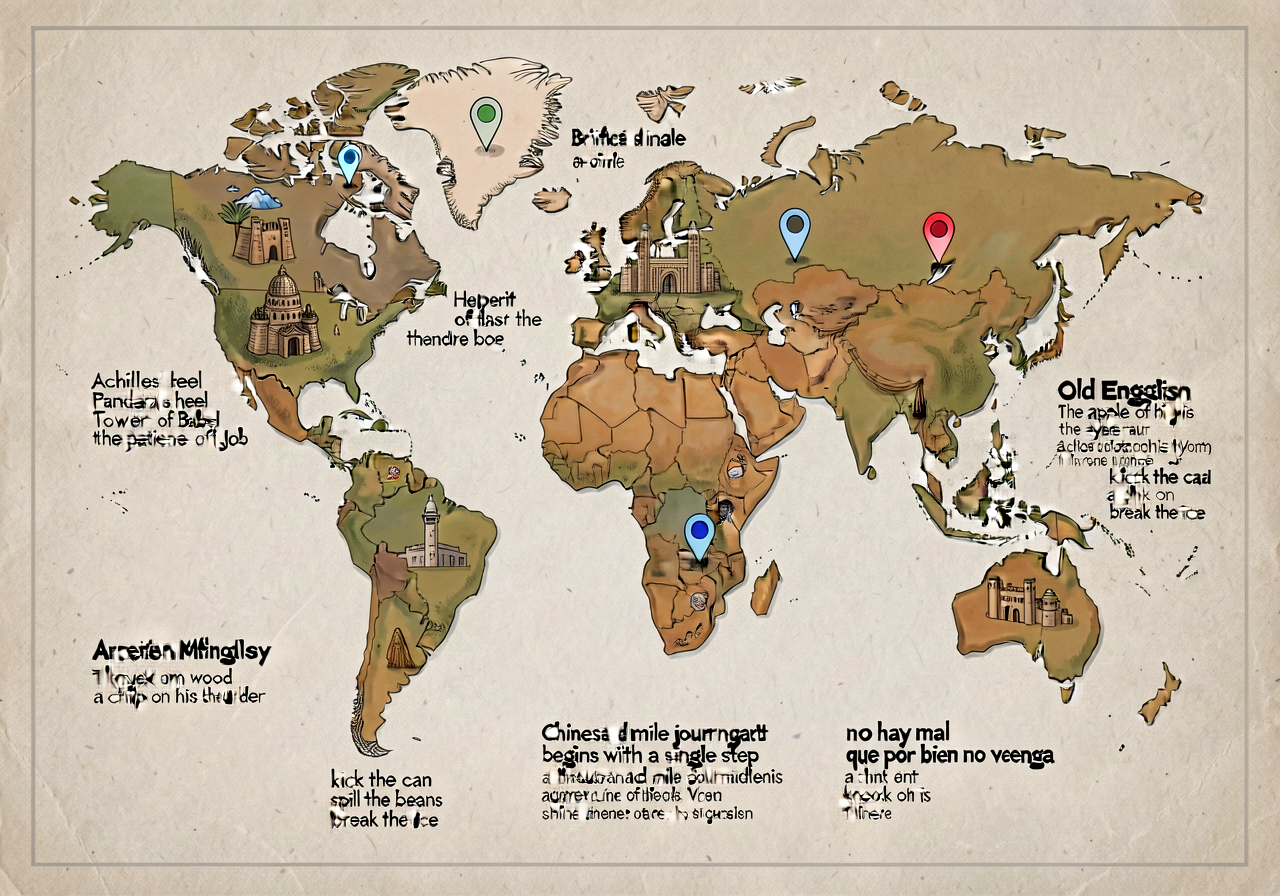 World map with pins at idiom cultural origins: Greek mythology (Achilles' heel, Pandora's box), Hebrew Bible (Tower of B