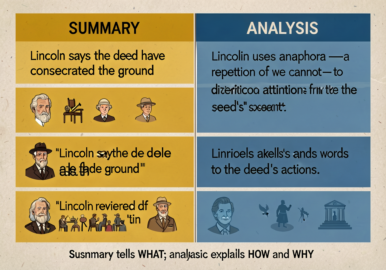 2-column comparison. Column 1 SUMMARY (yellow): 'Lincoln says the dead have consecrated the ground' (content-restating).